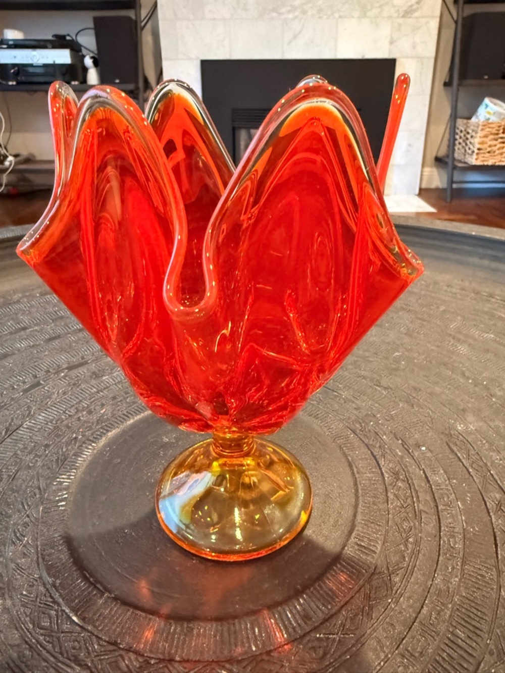 Orange Vintage Amberina Glass 6 Petal Handkerchief Pedestal Vase